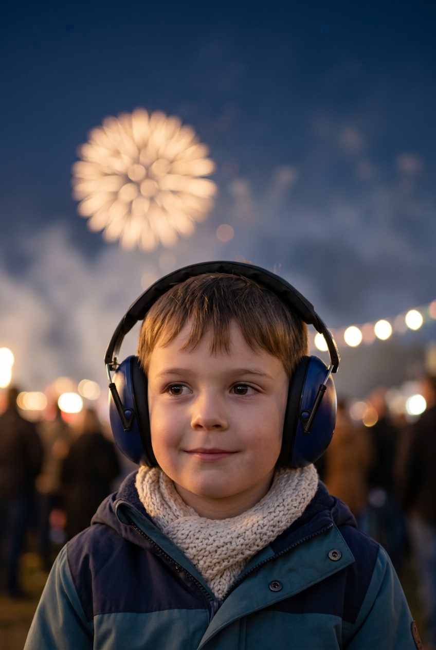 A calm, smiling child wearing navy BANZ ear defenders at an evening fireworks event, golden firework burst and fairy lights softly blurred behind